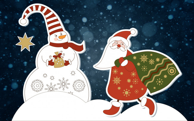 Обои картинки фото праздничные, векторная графика , новый год, дед, мороз, снег, мешок, санта, снеговик, новый, год, зима, минимализм, рождество, праздник, настроение, фон
