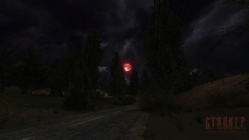Картинка ночь+в+зоне видео+игры +shadow+of+chernobyl тень чернобыля stalker сталкер дорога деревья луна ночь