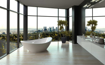Картинка интерьер ванная+и+туалетная+комнаты ванна окна панорамные