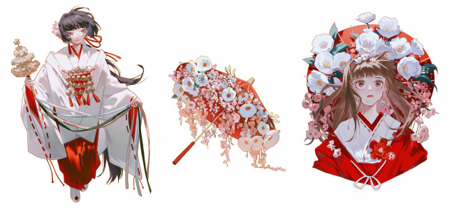Обои картинки фото аниме, unknown,  другое , девушка, зонт, цветы