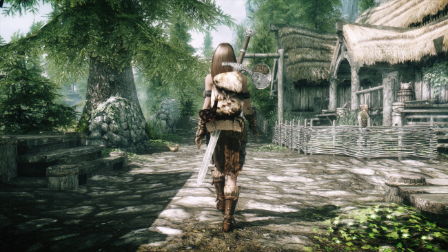 Обои картинки фото видео игры, the elder scrolls v,  skyrim, девушка, меч, селение