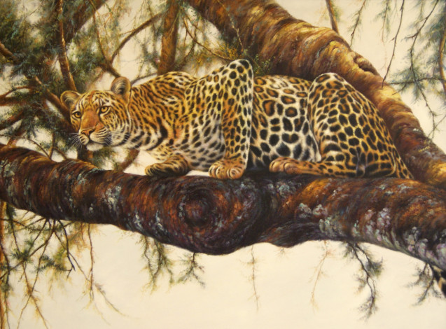 Обои картинки фото рисованные, животные, леопард, ствол, дерево