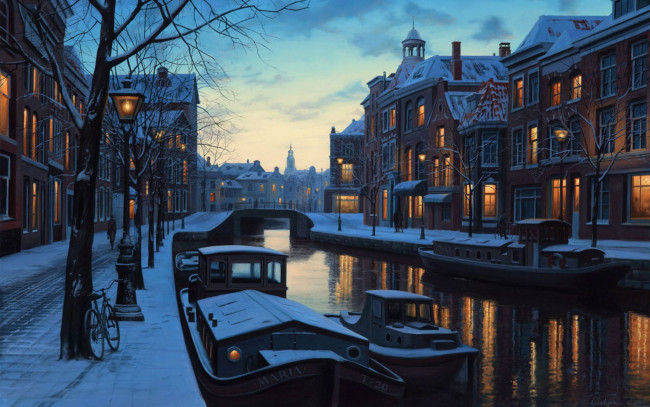 Обои картинки фото евгений, лушпин, winter, twilight, рисованные, город, река
