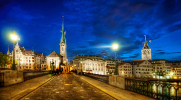 Картинка цюрих города швейцария огни ночь дома мост