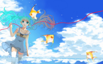 Картинка аниме vocaloid tuukouninnn вокалоид hatsune miku девушка лента рыбки вода