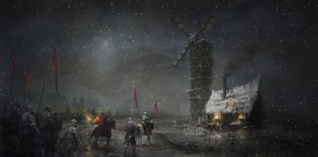 Картинка фэнтези люди рыцари мельница дом снег