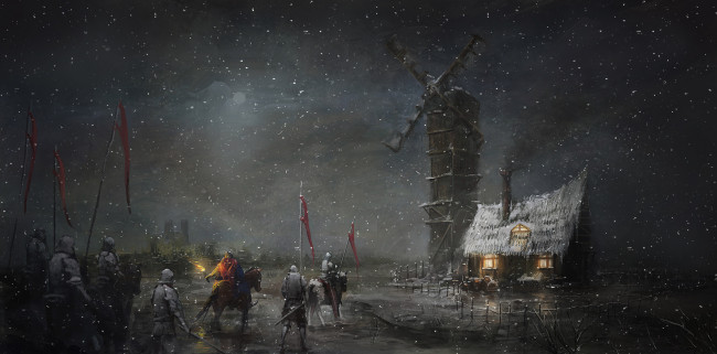 Обои картинки фото фэнтези, люди, рыцари, мельница, дом, снег