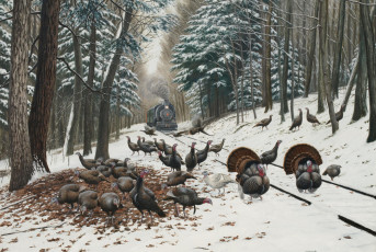 Картинка рисованное живопись рисунок картина пейзаж холст лес рельсы поезд птицы снег зима
