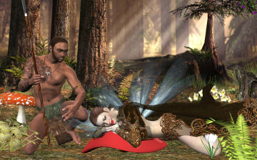 Картинка 3д+графика фантазия+ fantasy мужчина девушка взгляд сон лес оружие грибы