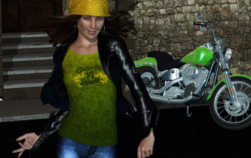 Картинка 3д+графика люди+ people девушка взгляд фон мотоцикл