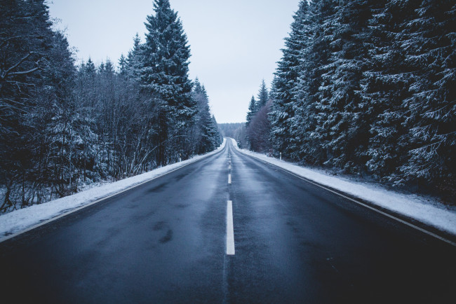 Обои картинки фото природа, дороги, небо, снег, деревья, лес, дорога, зима