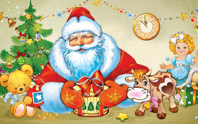 Обои картинки фото праздничные, рисованные, дед, мороз, гирлянда, праздник, корова, мишка, елка, украшения, кукла, часы