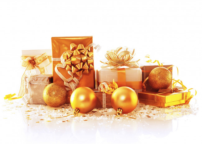 Обои картинки фото праздничные, шары, подарки, новый, год, бант, рождество, золотой