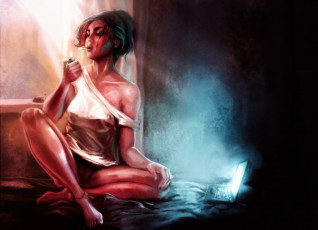 Картинка рисованное люди ноутбук сигарета фон девушка зажигалка