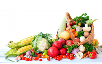обоя еда, фрукты и овощи вместе, груши, кукуруза, капуста, яблоки, помидоры, томаты