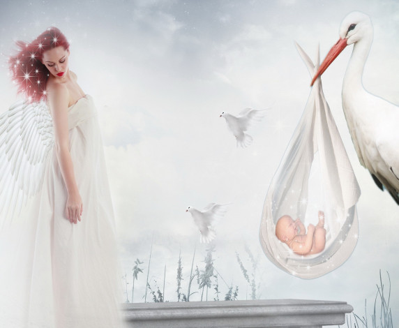 Обои картинки фото разное, компьютерный дизайн, ангел, крылья, девушка, аист, младенец