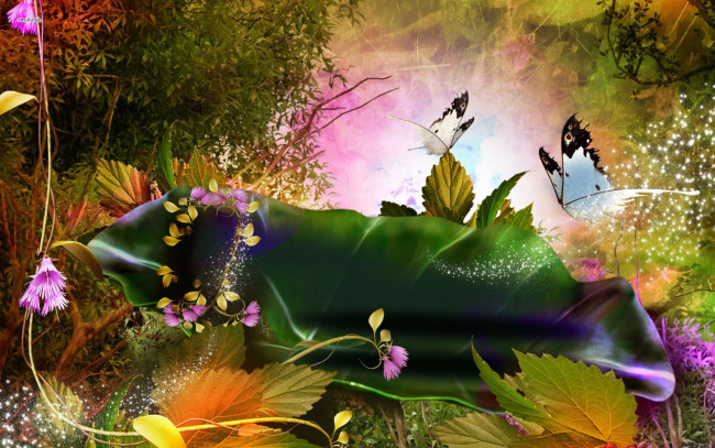 Обои картинки фото разное, компьютерный дизайн, летняя, фантазия, абстракция, пыльца, цветы, бабочки, листья