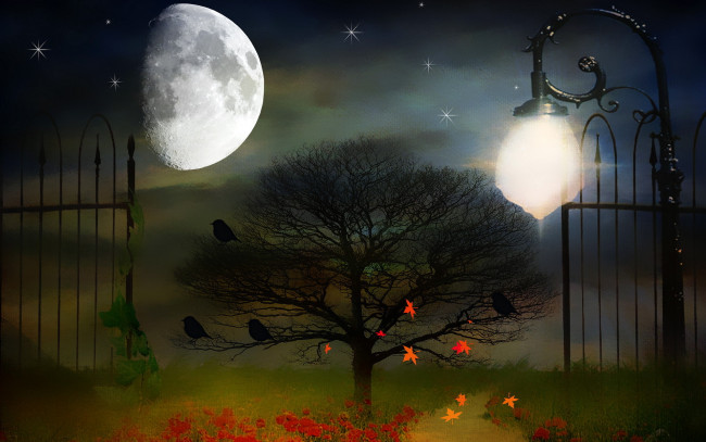 Обои картинки фото разное, компьютерный дизайн, луна, забор, фонарь, дерево, листья, птицы