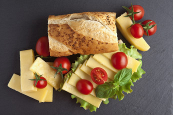 Картинка еда разное хлеб салат сыр помидоры базилик
