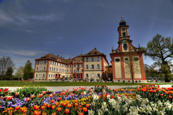 Картинка германия города здания дома ратуша площадь часы цветы