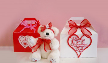 Картинка праздничные день св валентина сердечки любовь мишка пакеты надпись ленты банты