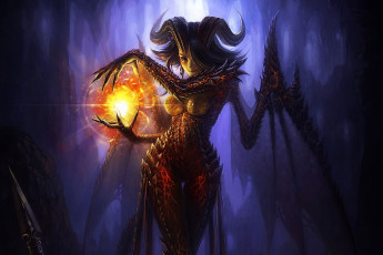 Картинка фэнтези демоны демон суккуб рога светящийся шар магия