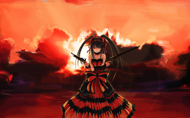 Обои картинки фото by zxhautumn, аниме, date a live, закат, tokisaki, kurumi, девушка, платье, оружие