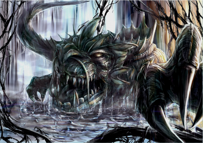 Обои картинки фото фэнтези, драконы, дракон, когти, пасть, дождь, вода