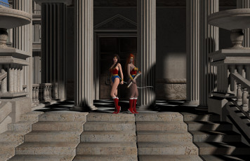 Картинка 3д+графика фантазия+ fantasy девушки взгляд фон оружие супермены лестница