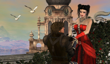 Картинка 3д+графика люди+ people девушка взгляд фон платье мужчина цветы белка башня часы птицы горы небо