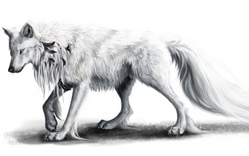 обоя рисованное, животные,  волки, перья, белый, волк