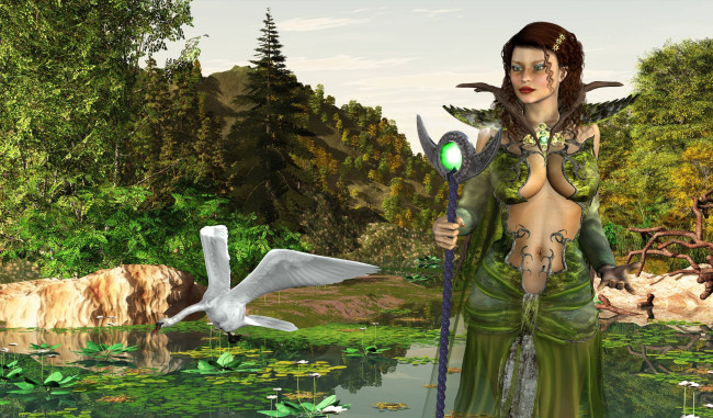 Обои картинки фото 3д графика, фантазия , fantasy, горы, лес, лебедь, цветы, девушка, пруд, шест, фон, взгляд