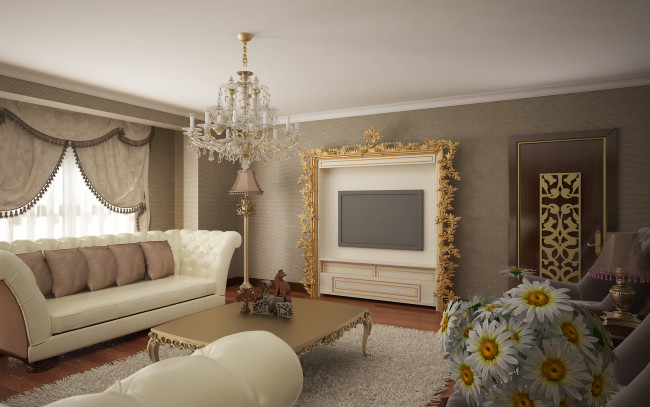 Обои картинки фото 3д графика, реализм , realism, диван, стол, цветы, светильник