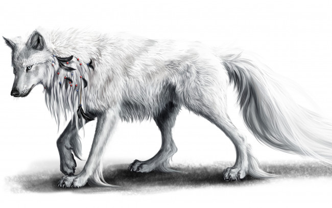 Обои картинки фото рисованное, животные,  волки, перья, белый, волк