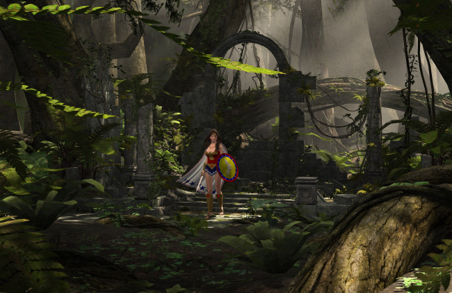 Обои картинки фото 3д графика, фантазия , fantasy, девушка, взгляд, фон, оружие, щит, лес, супермен