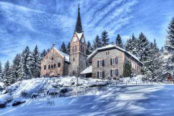 Картинка города -+православные+церкви +монастыри горы франция зима деревья склон церковь дом снег