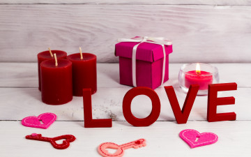 обоя праздничные, день святого валентина,  сердечки,  любовь, сердечки, ключи, подарок, надпись, свечи