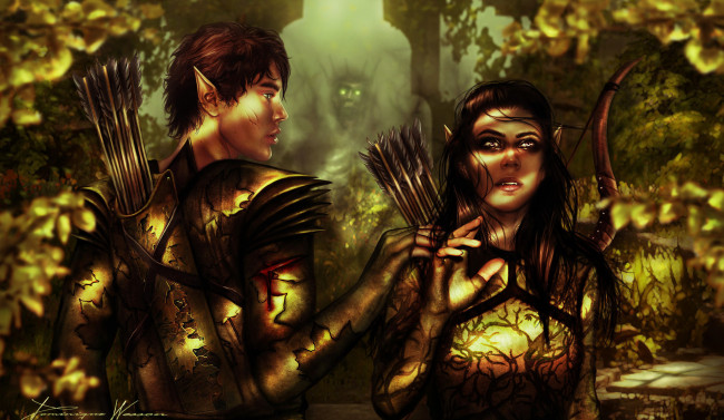 Обои картинки фото фэнтези, эльфы, парень, девушка, арт, фэнтази, лес, стрелы, лук