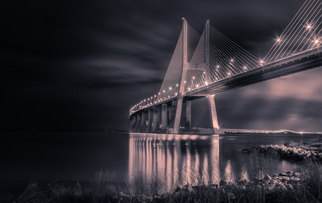 Обои картинки фото города, - мосты, мост, ночь, опора, португалия, огни