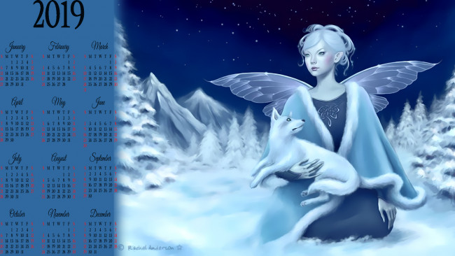Обои картинки фото календари, фэнтези, деревья, девушка, животное, крылья