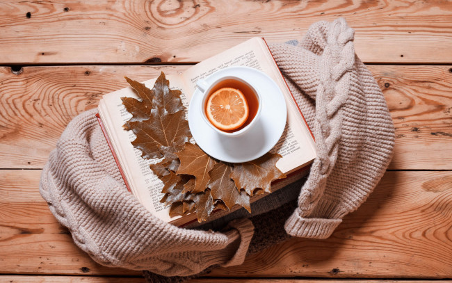 Обои картинки фото еда, напитки,  чай, свитер, чай, листья, книга