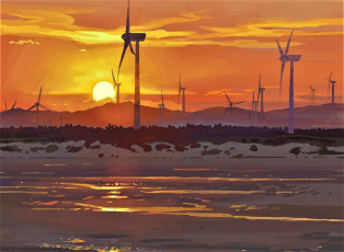 Картинка рисованное природа закат горы ветрогенераторы