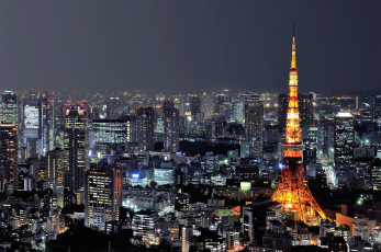 Картинка города токио+ япония телебашня панорама огни