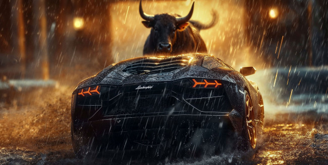 Обои картинки фото автомобили, 3д, черный, lamborghini, дождь, бык, арт, bull, сзади, revuelto