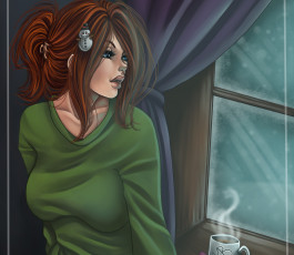 Картинка фэнтези девушки amberly berendson harpyqueen девушка утро кофе окно зима снег лицо волосы