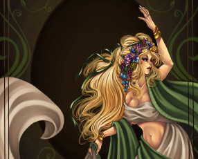 Картинка фэнтези девушки танцовщица живот рука украшения браслеты цветы волосы ленточки танец девушка