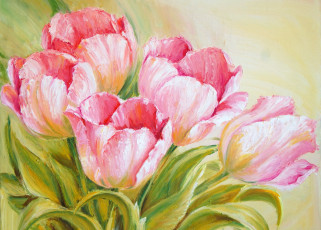 Картинка рисованные цветы тюльпаны розовые букет листья