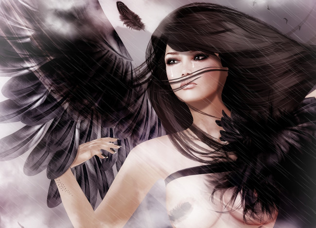 Обои картинки фото 3д, графика, angel, ангел, слезы, волосы, крылья