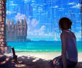 Картинка фэнтези девушки песок море мираж девушка сооружения
