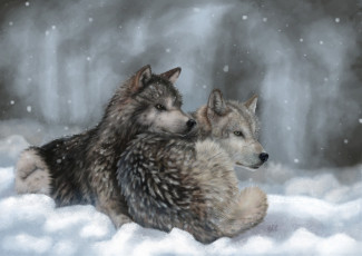 обоя рисованные, животные,  волки, зима, снег, волки
